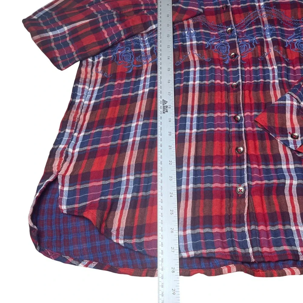 Free People Button Down Shirt Womens Small Red Plaid Floral Embroidered Boho